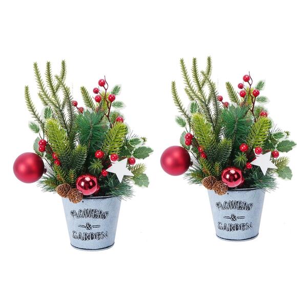 Set of 2 Mini Tabletop Christmas Tree Potted Centerpieces - Picture 1 of 11